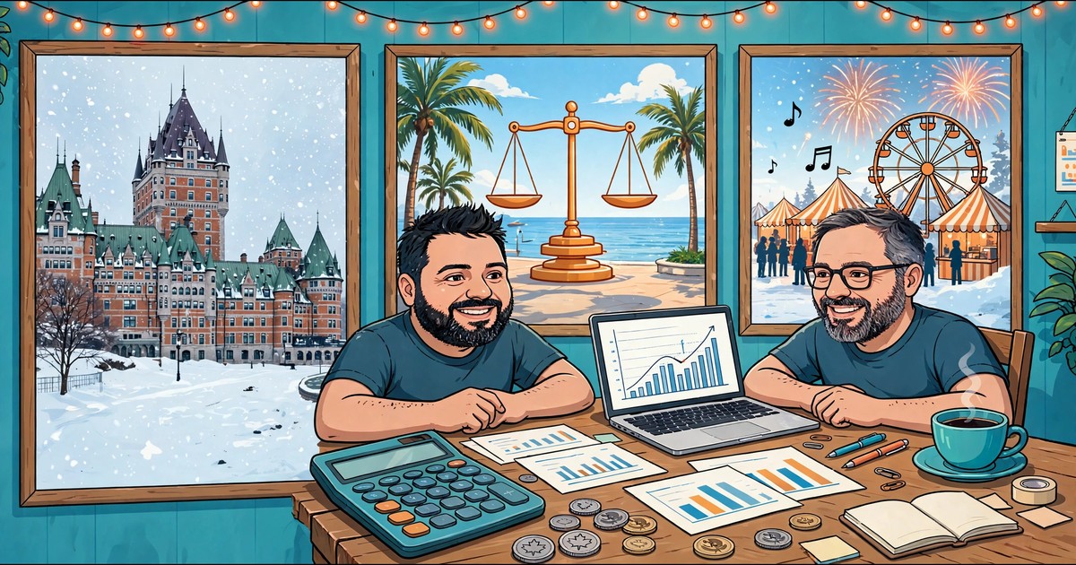 Luc and Steve, drawn, in turquoise water — the pontoon boat behind them