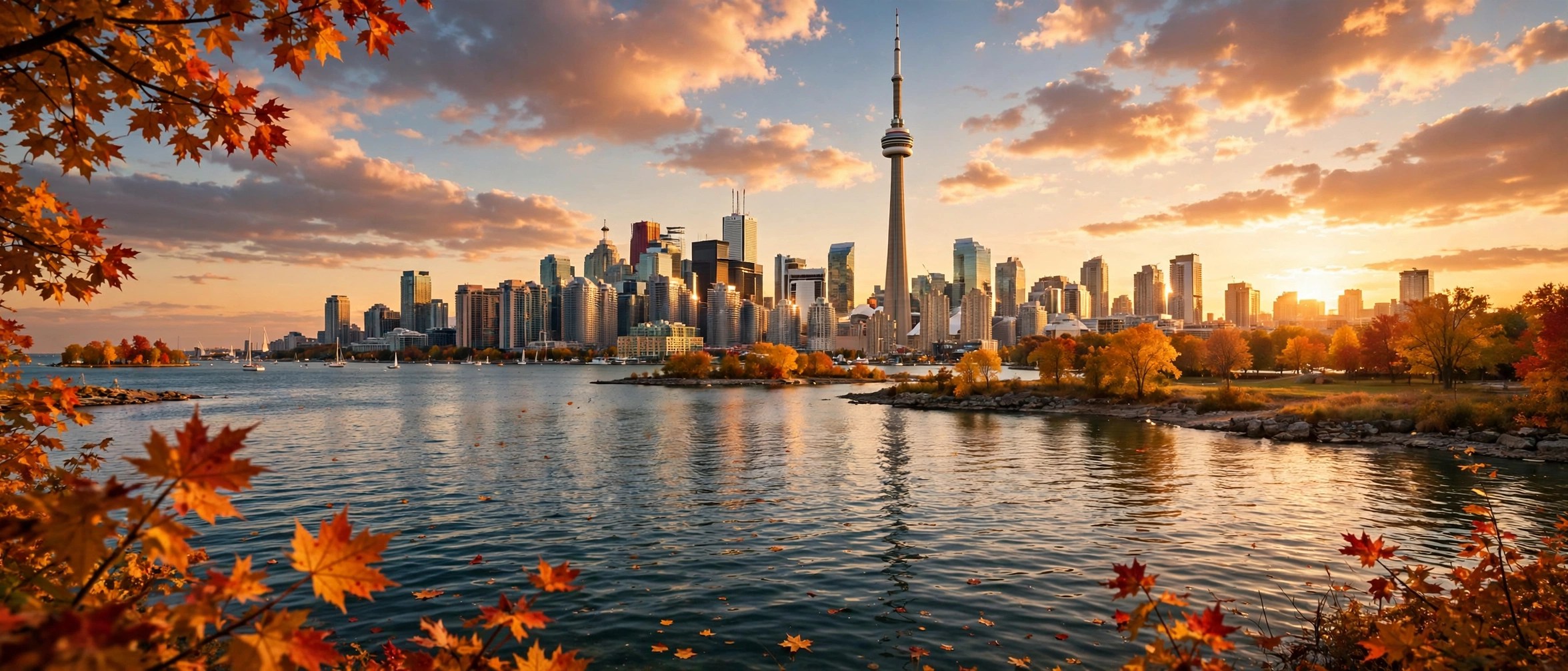The Toronto skyline and the CN Tower at sunset, seen from Lake Ontario in fall