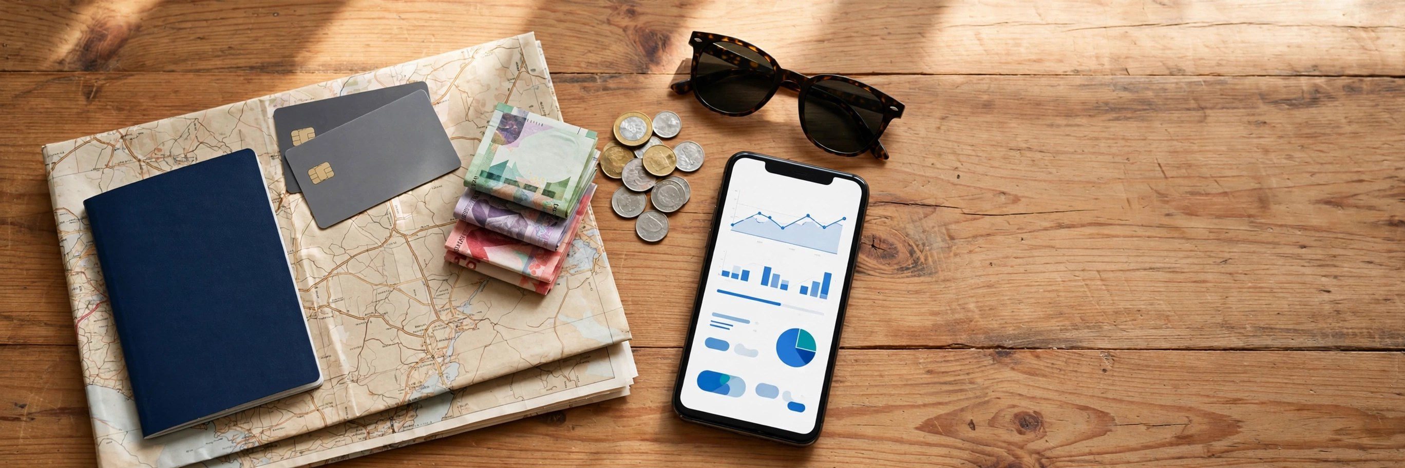Pasaporte, tarjetas bancarias, pesos mexicanos y un teléfono con gráficos financieros sobre un mapa de carreteras