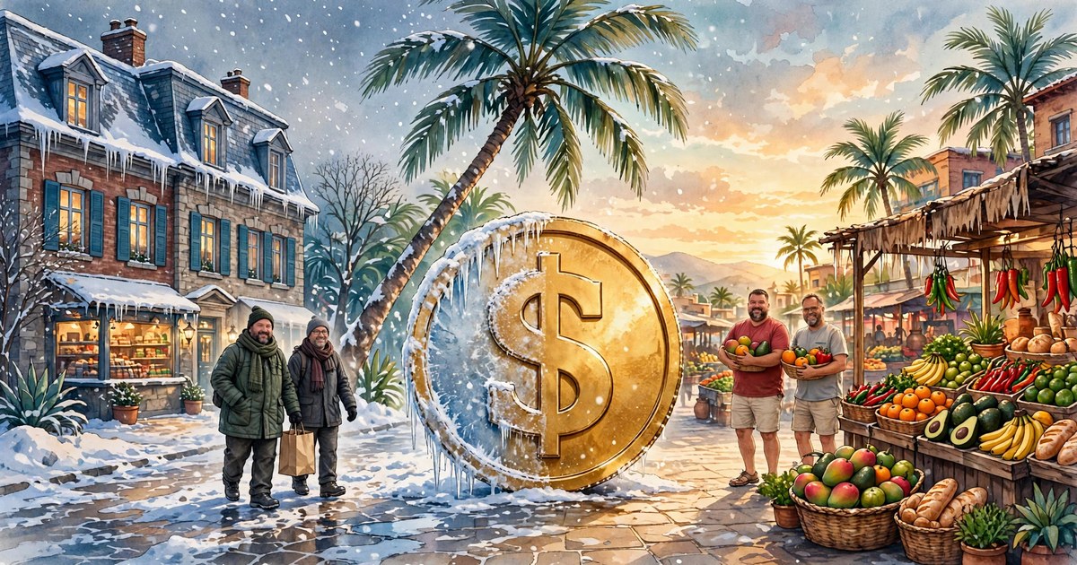 La misma canasta de compras, dos realidades: a la izquierda, el invierno de Quebec; a la derecha, un mercado mexicano rebosante; en el centro, una moneda de oro escarchada.