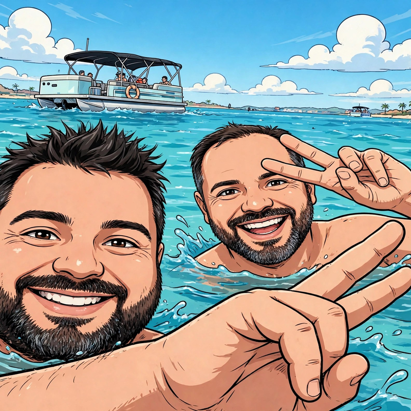Luc y Steve en el agua turquesa, con el muelle — ilustración oficial de Luc ’n’ Steve on Leave