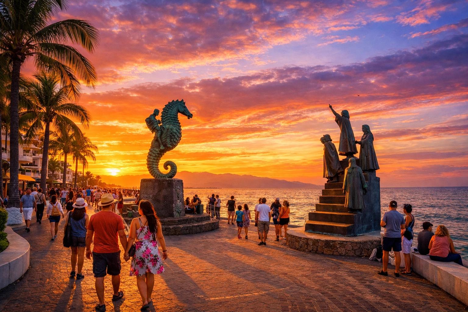 Atardecer en el Malecón de Puerto Vallarta, con la estatua del caballito de mar